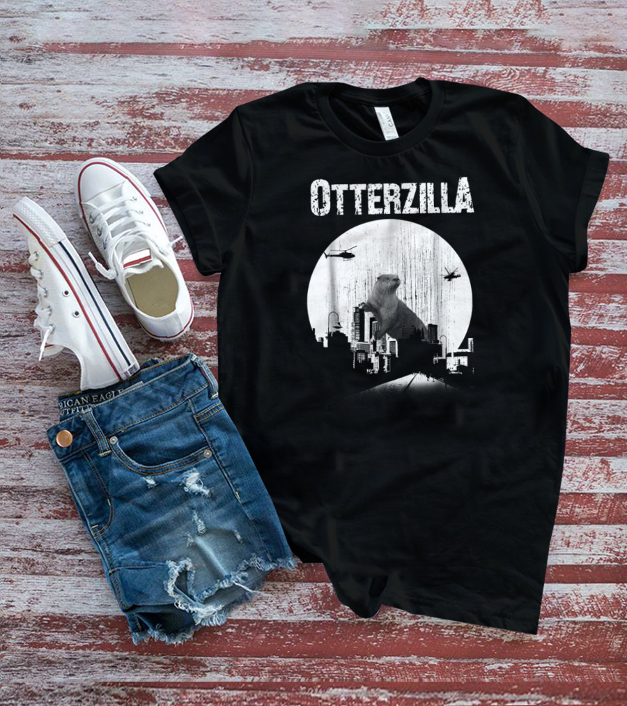 Otterzilla Funny Otter Cute Otters Lover Cityscape Helicopters T-Shirt