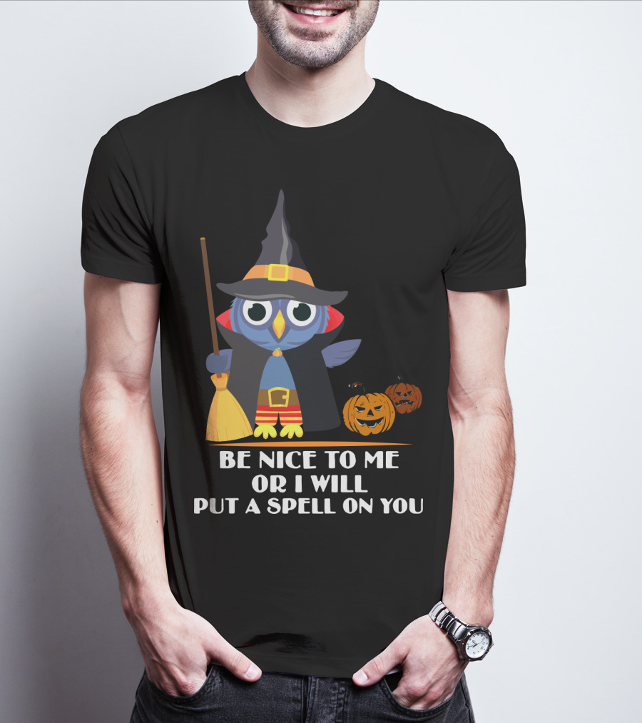 Be Nice To Me Or I Will Put A Spell On You Halloween Owl Witch Broom Pumpkins T-Shirt