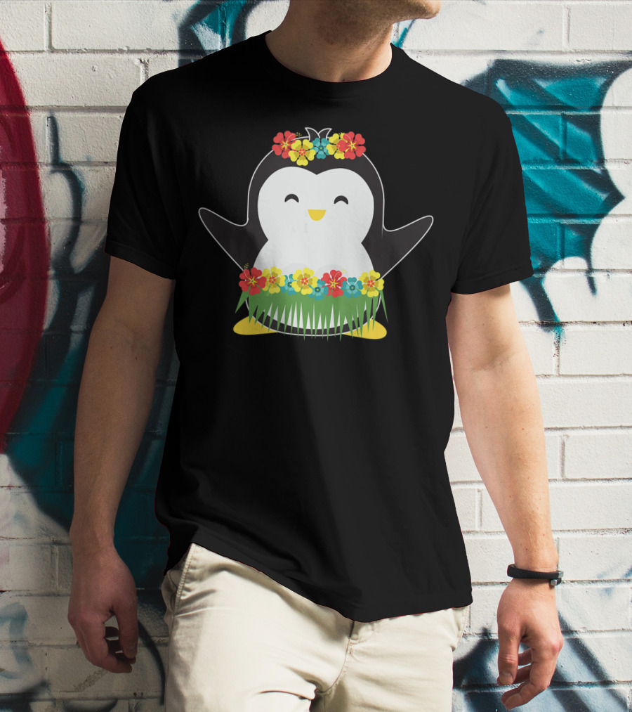 Penguin With Hula Skirt And Hawaiian Flowers Luau Party T-Shirt