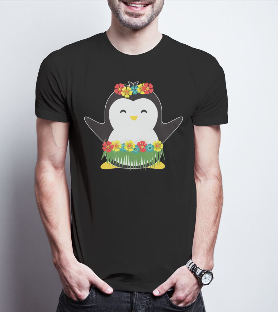 Penguin With Hula Skirt And Hawaiian Flowers Luau Party T-Shirt
