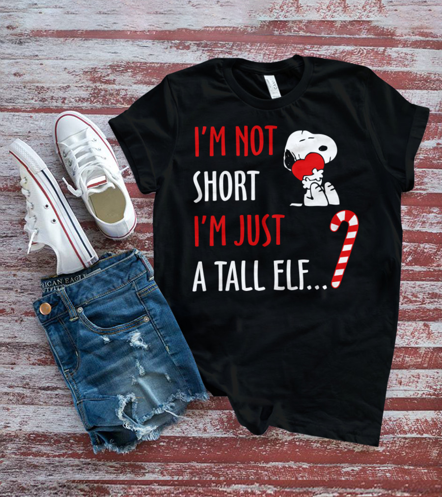 I'm Not Short I'm Just A Tall Elf Snoopy Candy Cane Hugging Heart T-Shirt