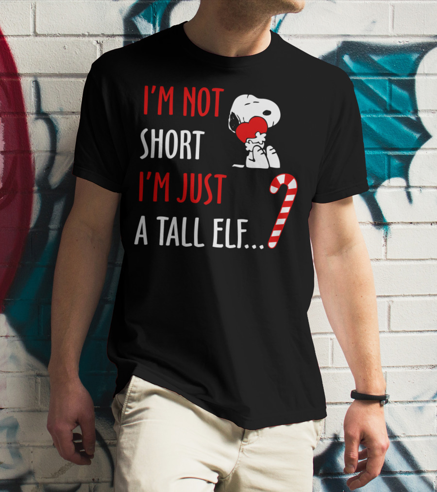 I'm Not Short I'm Just A Tall Elf Snoopy Candy Cane Hugging Heart T-Shirt