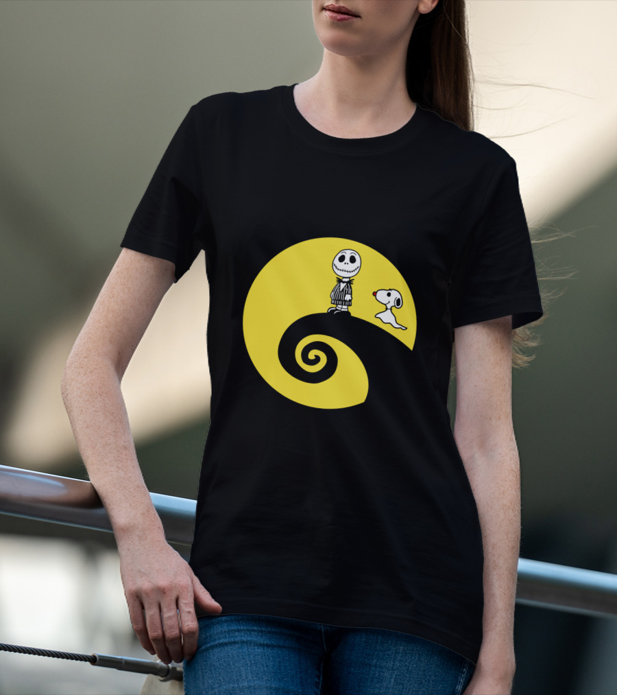 Jack Skellington And Snoopy Crossover In The Peanuts Movie Halloween Scene T-Shirt