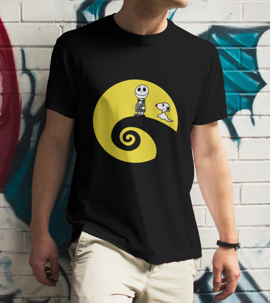 Jack Skellington And Snoopy Crossover In The Peanuts Movie Halloween Scene T-Shirt