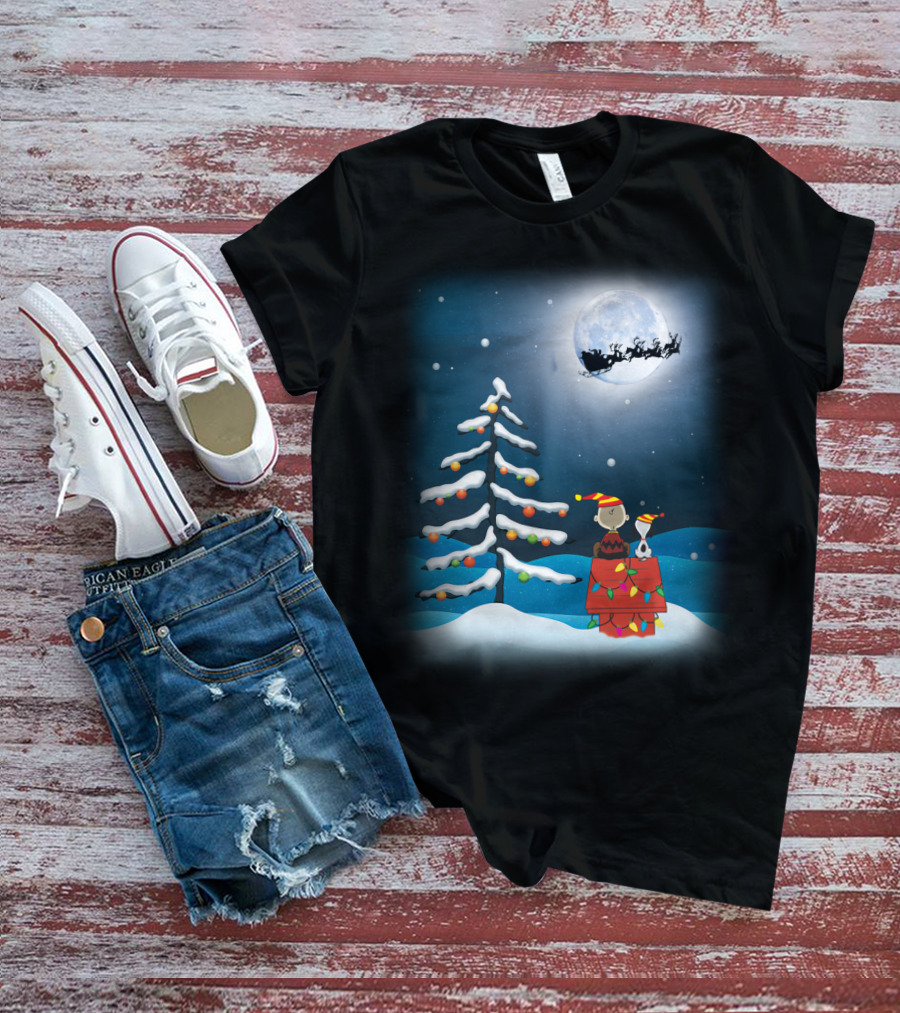 Noel Night Snoopy Peanuts Movie Christmas Scene Santa Sleigh Winter Tree With Lights T-Shirt