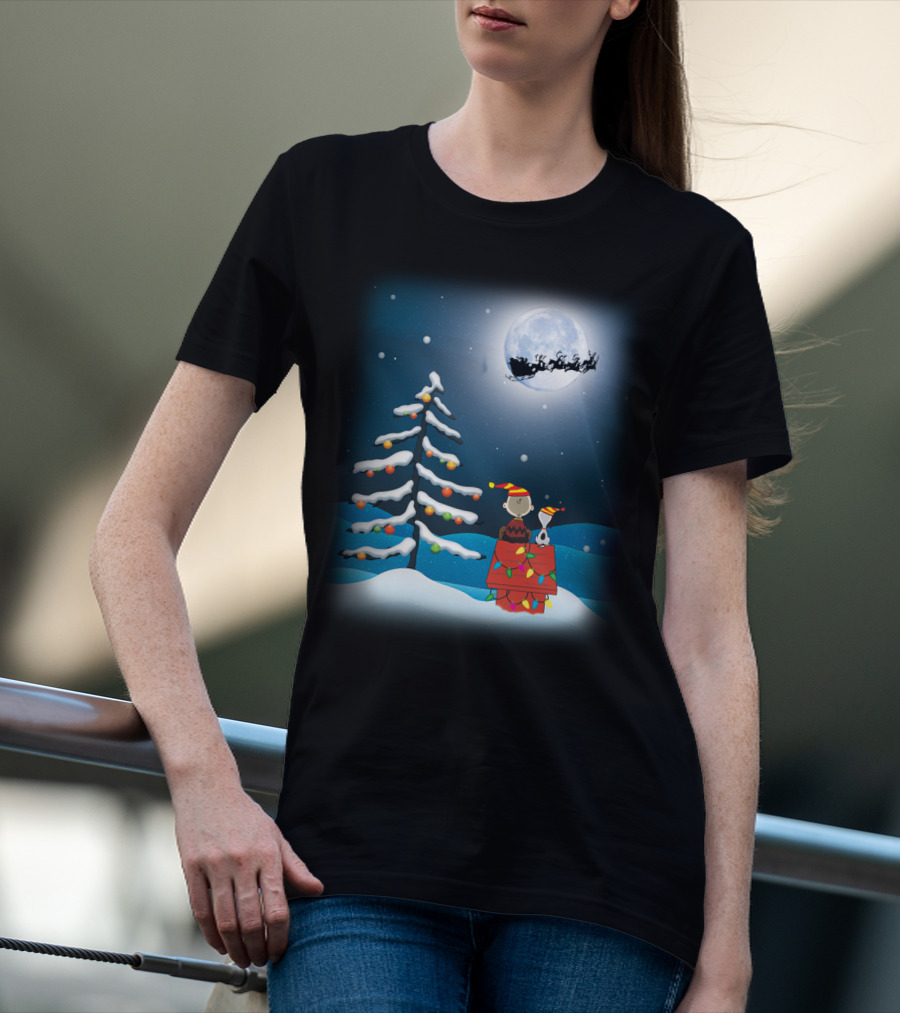 Noel Night Snoopy Peanuts Movie Christmas Scene Santa Sleigh Winter Tree With Lights T-Shirt