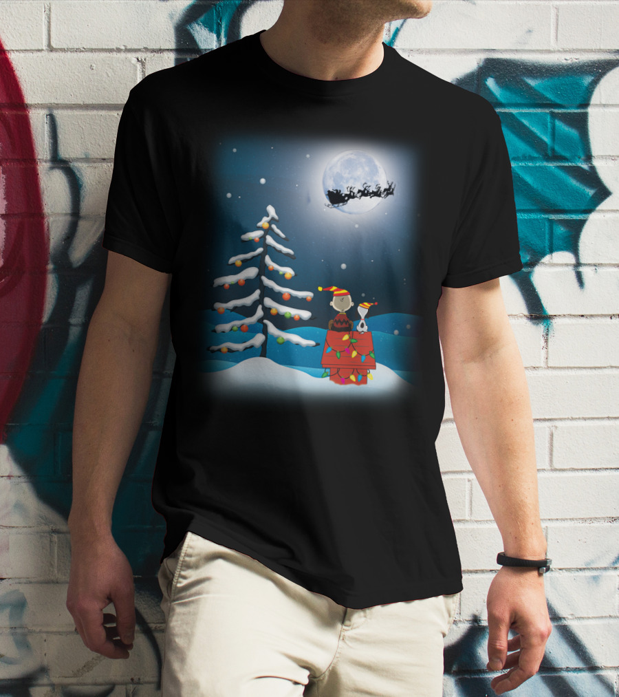 Noel Night Snoopy Peanuts Movie Christmas Scene Santa Sleigh Winter Tree With Lights T-Shirt