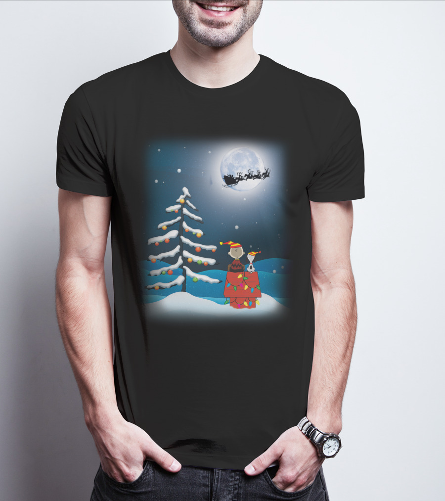 Noel Night Snoopy Peanuts Movie Christmas Scene Santa Sleigh Winter Tree With Lights T-Shirt