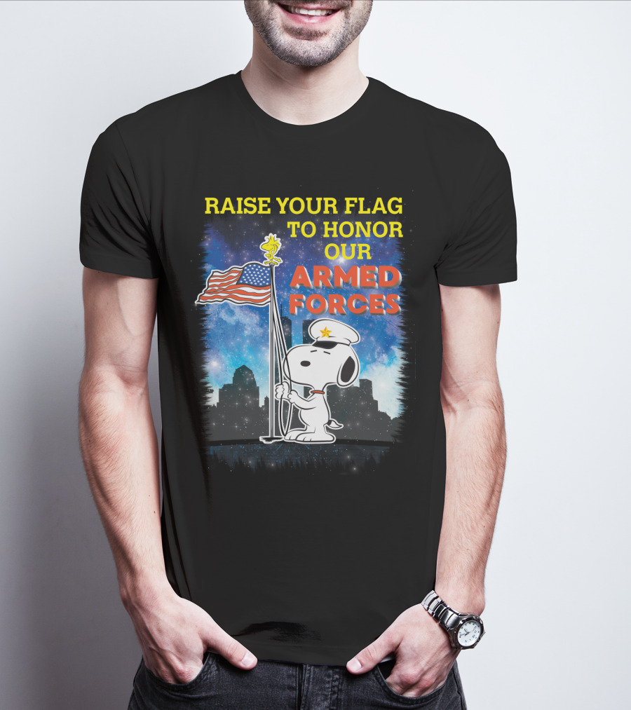 Raise Your Flag To Honor Our Armed Forces With Snoopy From The Peanuts Movie T-Shirt