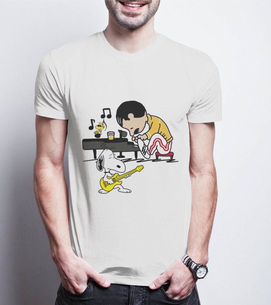 Freddie Mercury Playing Piano With Snoopy Guitar Peanuts Movie Scene T-Shirt