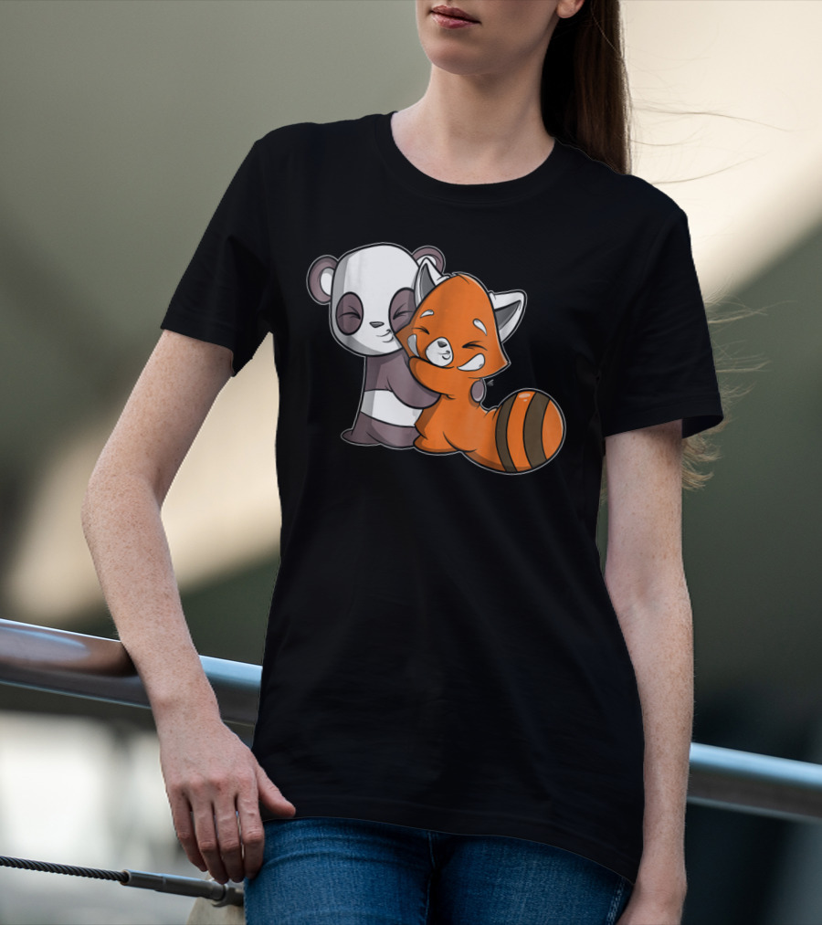 Cute Kawaii Panda Embrace Red Panda Hugging Adorable Friends T-Shirt