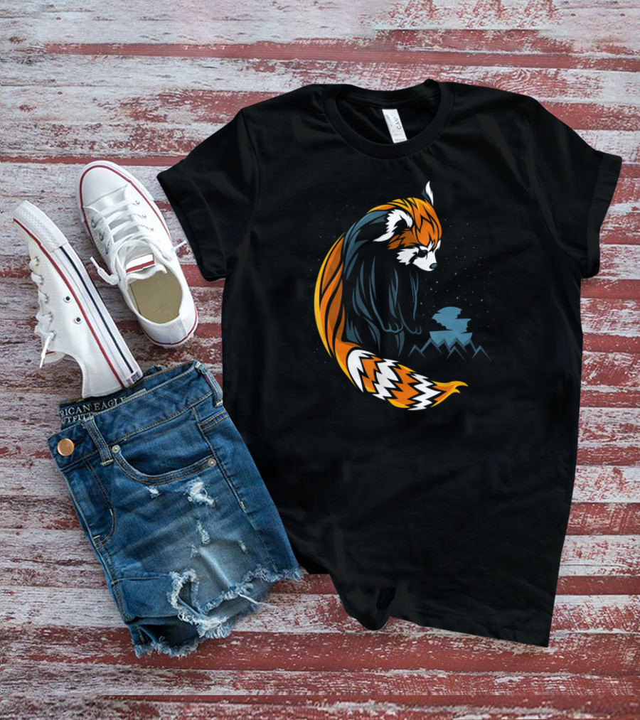 Red Panda Tattoo Style With Mountains And Night Sky T-Shirt