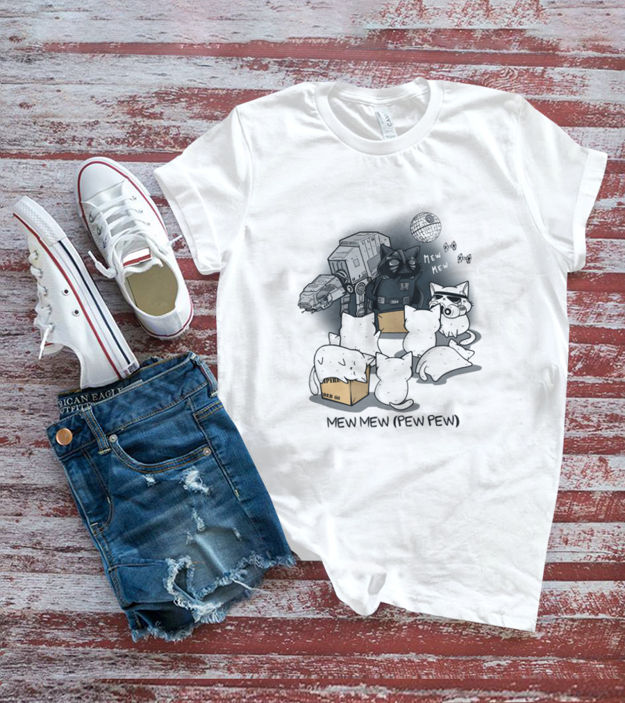 Mew Mew Pew Pew Cat Darth Vader Star Wars Kittens With Death Star And Imperial Walker T-Shirt