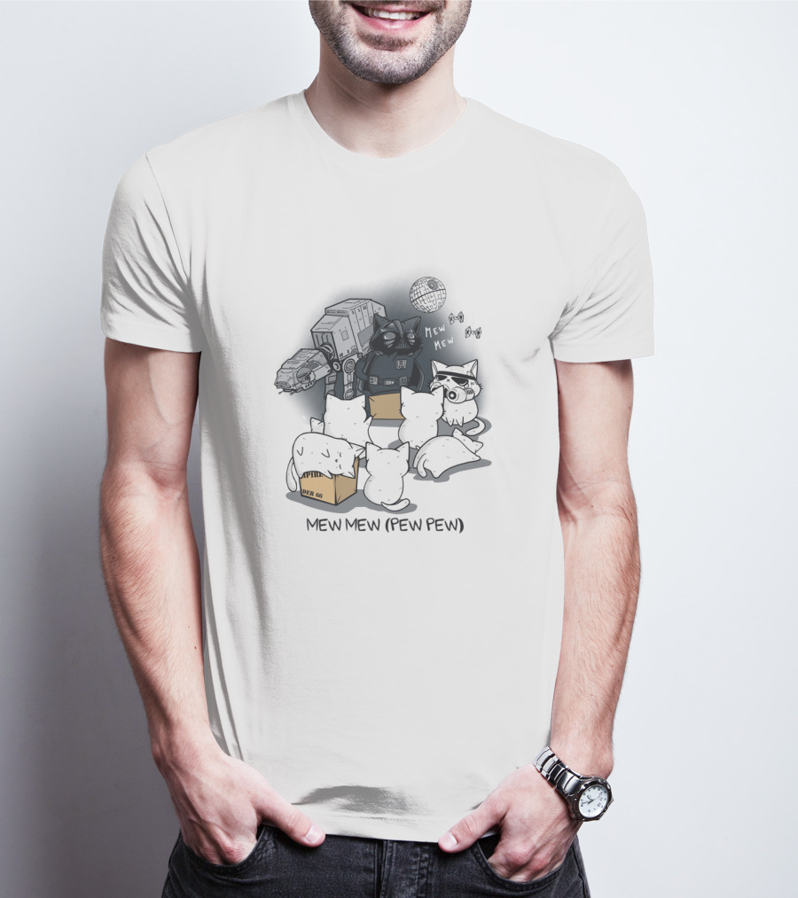 Mew Mew Pew Pew Cat Darth Vader Star Wars Kittens With Death Star And Imperial Walker T-Shirt
