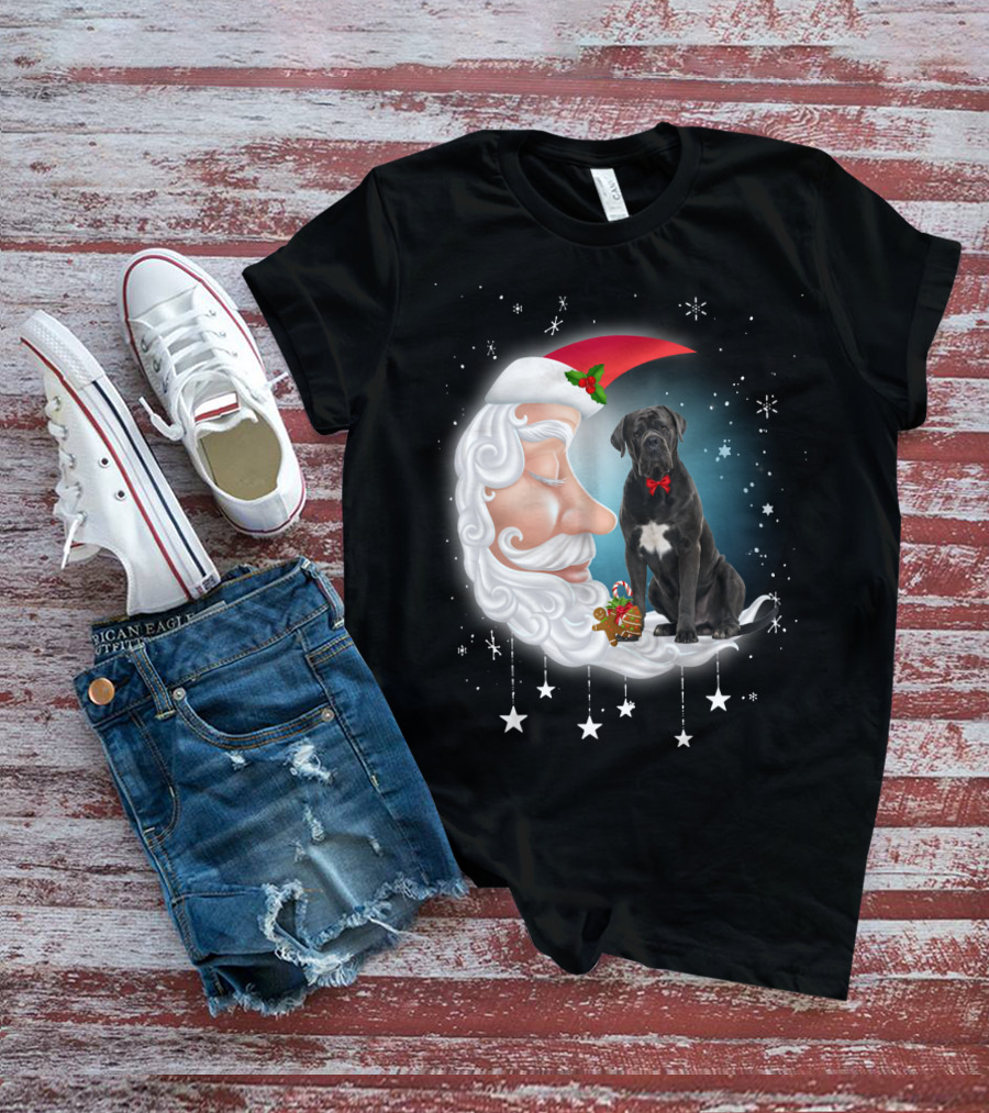 Santa Crescent Moon Cane Corso With Stars And Snowflakes T-Shirt