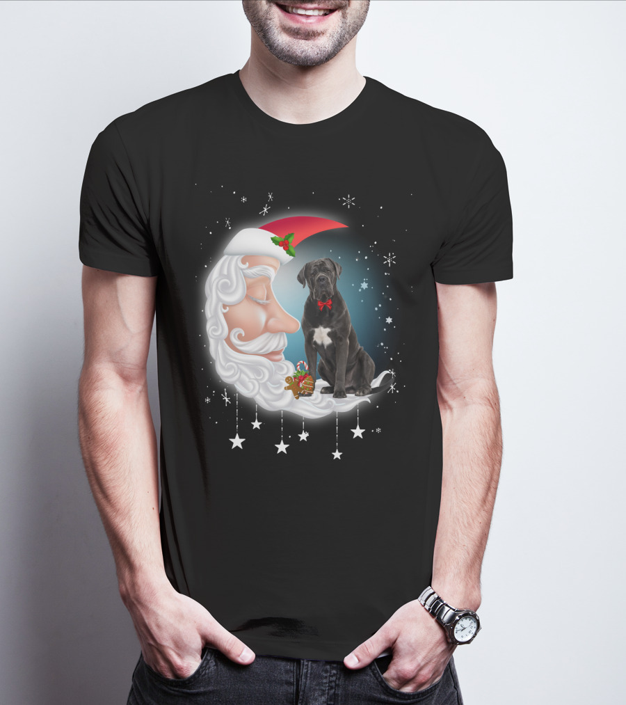Santa Crescent Moon Cane Corso With Stars And Snowflakes T-Shirt