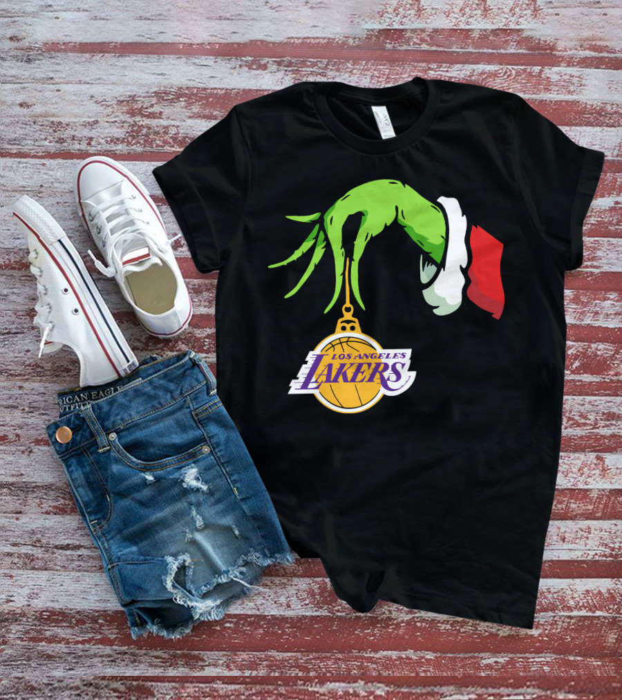 Grinch Hand With Santa Sleeve Holding Los Angeles Lakers T-Shirt