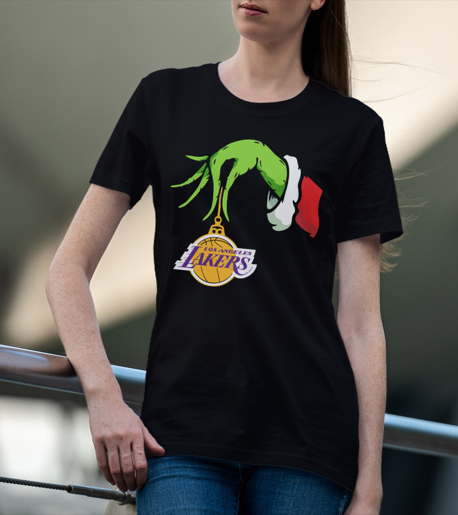 Grinch Hand With Santa Sleeve Holding Los Angeles Lakers T-Shirt