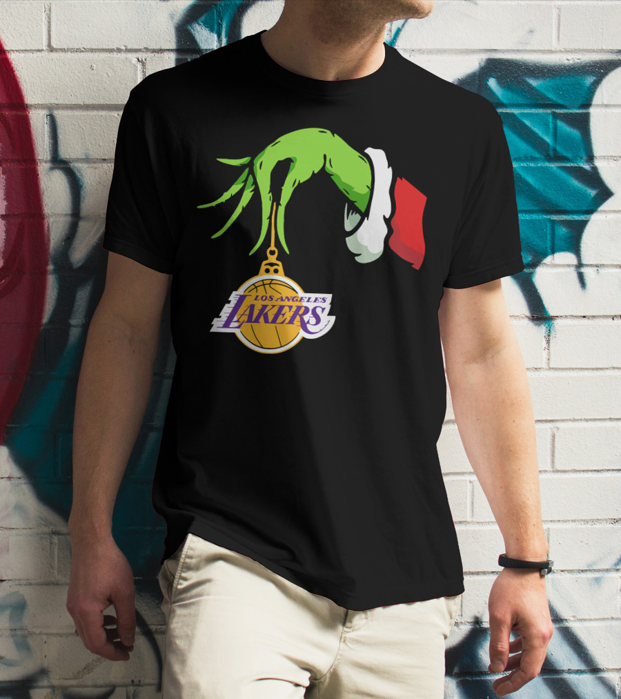 Grinch Hand With Santa Sleeve Holding Los Angeles Lakers T-Shirt