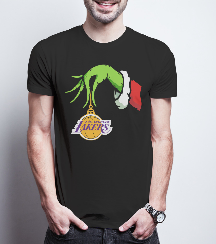 Grinch Hand With Santa Sleeve Holding Los Angeles Lakers T-Shirt