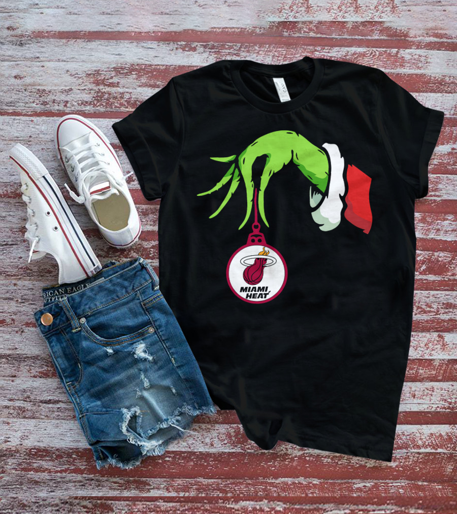 Grinch Hand With Miami Heat Ornament Holiday Sports T-Shirt