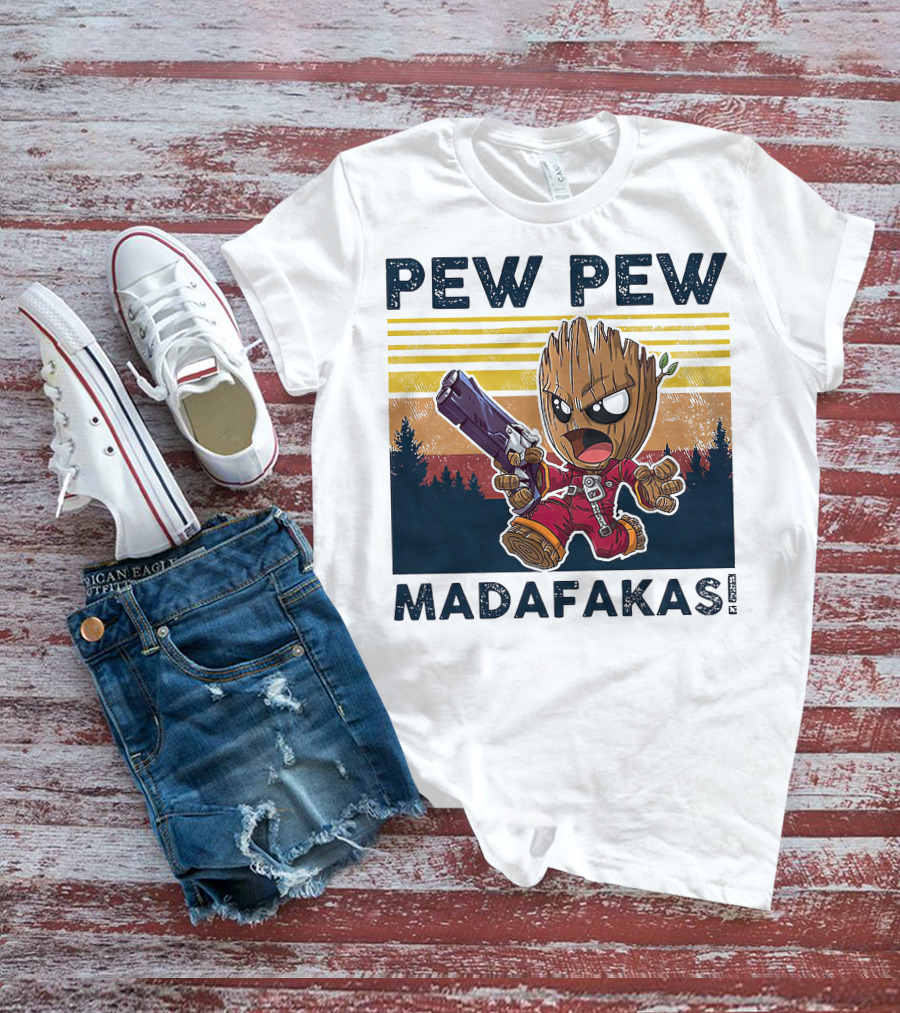 Pew Pew Madafakas Baby Groot Retro Forest Background T-Shirt