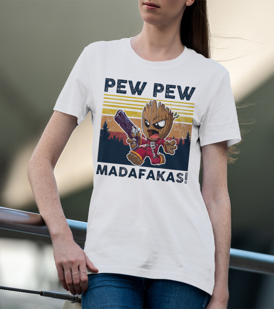 Pew Pew Madafakas Baby Groot Retro Forest Background T-Shirt