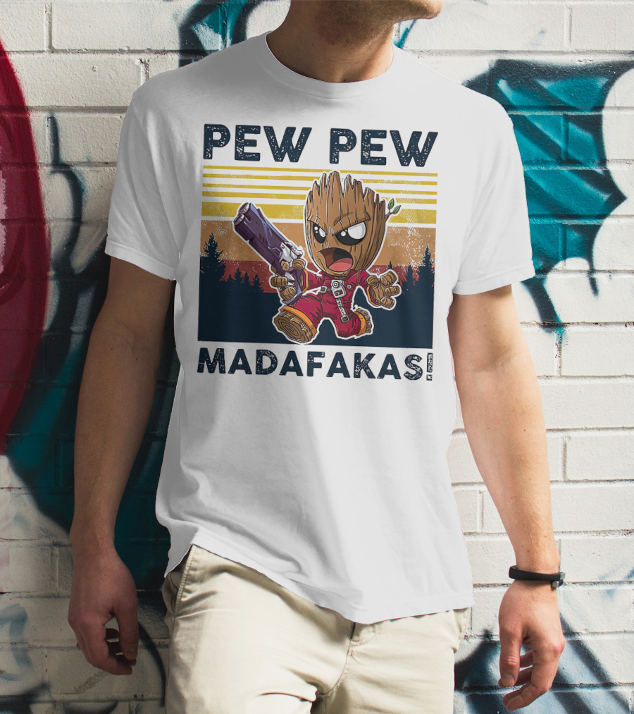 Pew Pew Madafakas Baby Groot Retro Forest Background T-Shirt