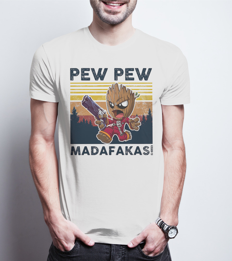 Pew Pew Madafakas Baby Groot Retro Forest Background T-Shirt