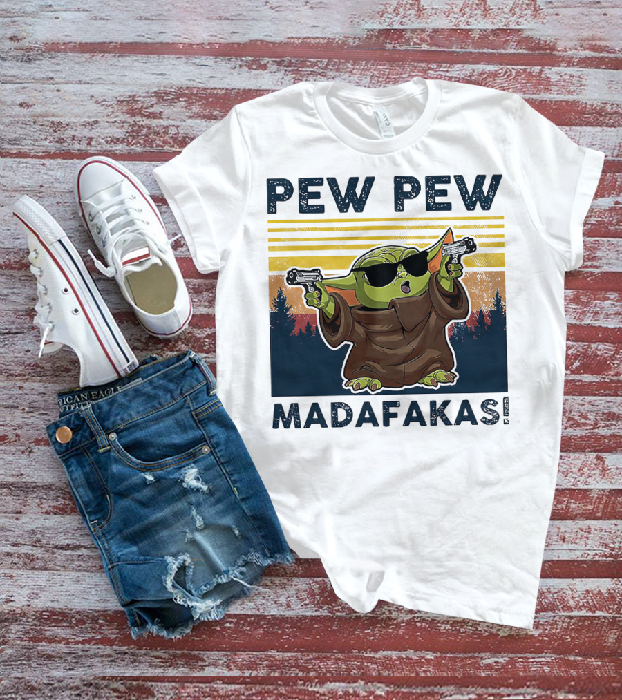 Pew Pew Madafakas Baby Yoda Retro Forest Sunset T-Shirt
