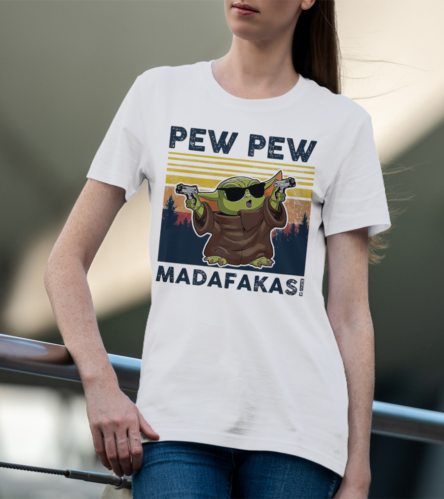 Pew Pew Madafakas Baby Yoda Retro Forest Sunset T-Shirt