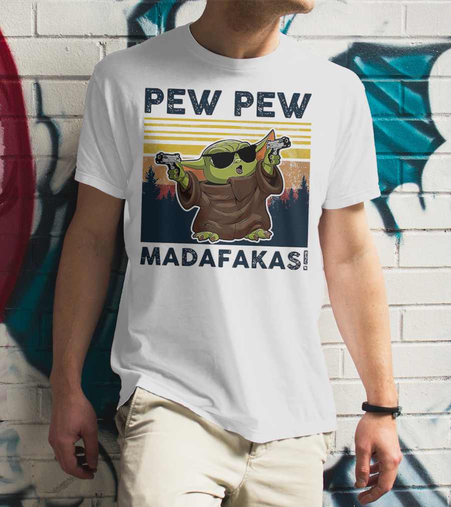 Pew Pew Madafakas Baby Yoda Retro Forest Sunset T-Shirt