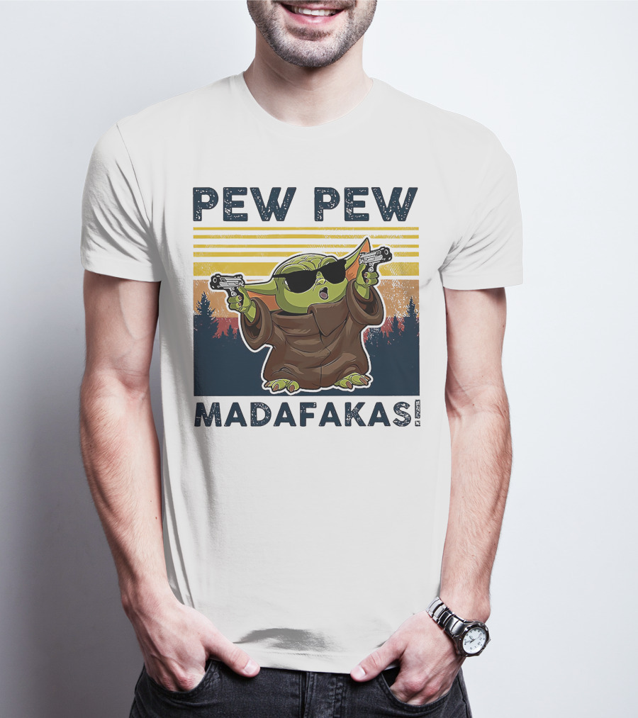Pew Pew Madafakas Baby Yoda Retro Forest Sunset T-Shirt