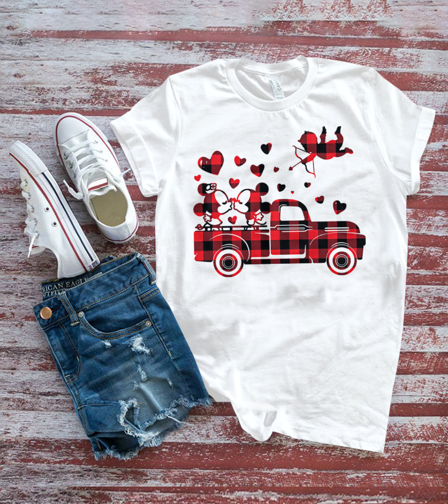 Buffalo Plaid Mickey Minnie Kissing In Truck With Hearts And Cupid Valentine T-Shirt