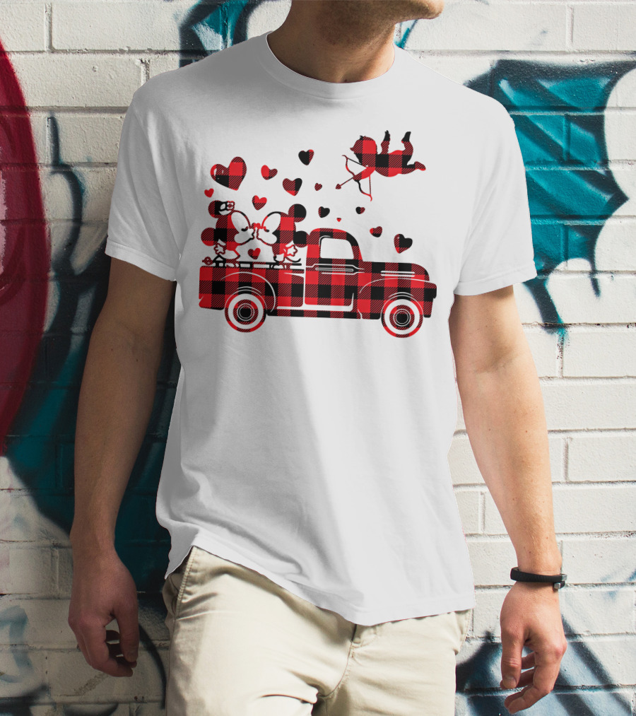 Buffalo Plaid Mickey Minnie Kissing In Truck With Hearts And Cupid Valentine T-Shirt