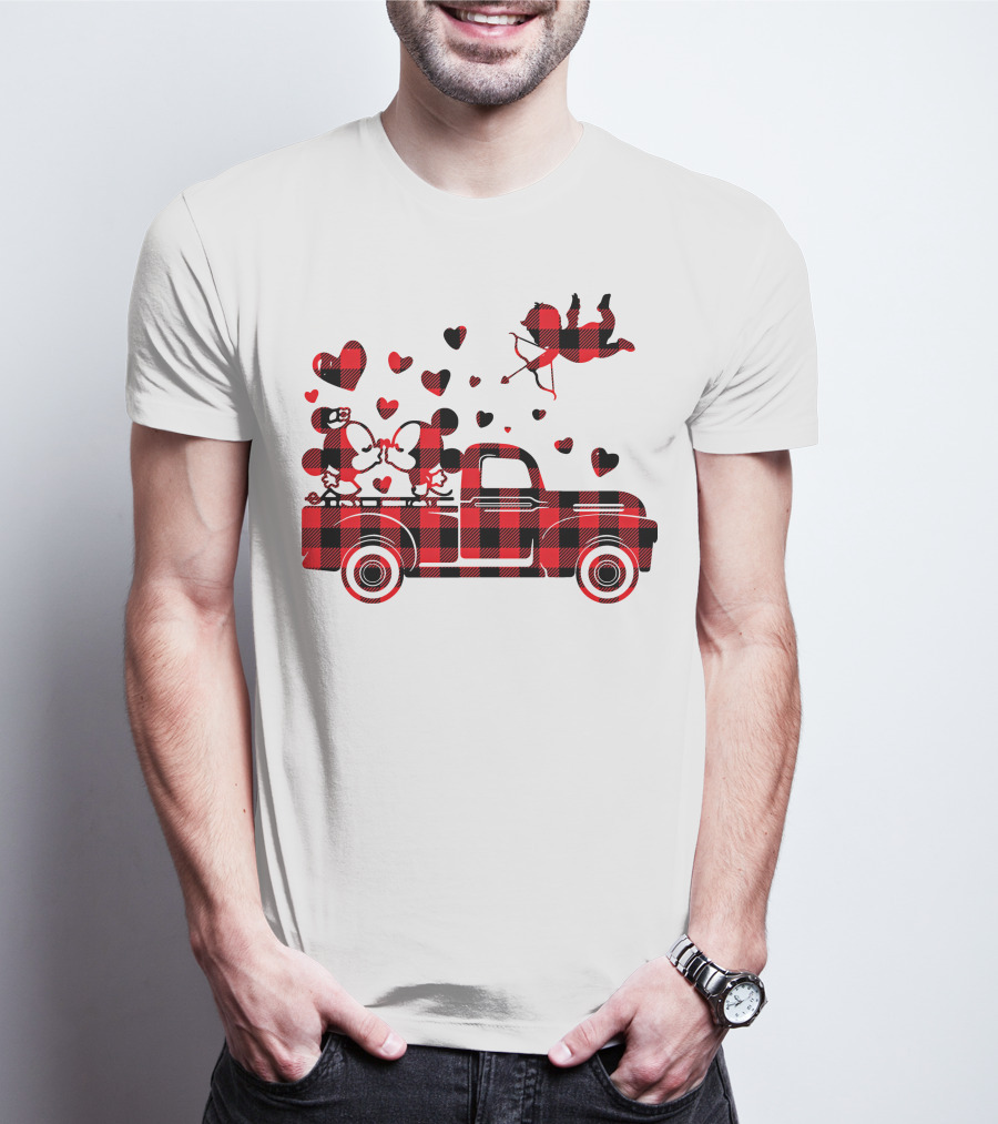 Buffalo Plaid Mickey Minnie Kissing In Truck With Hearts And Cupid Valentine T-Shirt