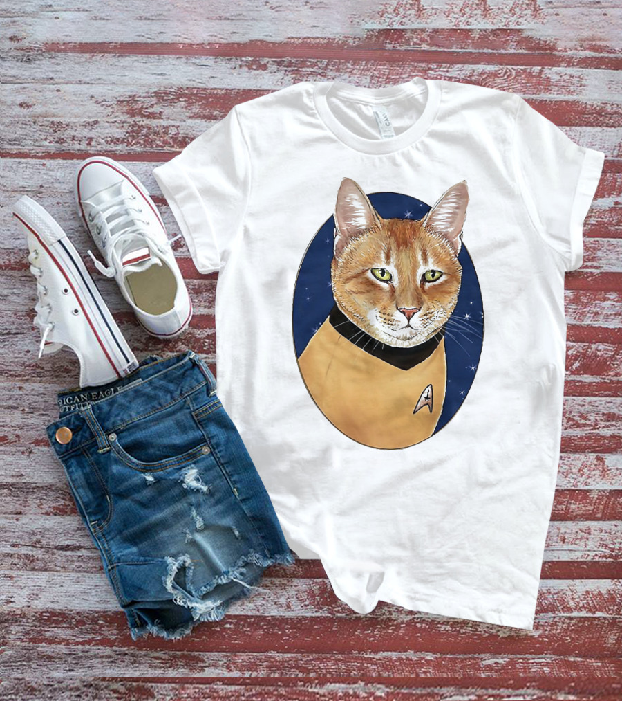 Star Trek Cat In Captain Uniform With Emblem On Starry Background T-Shirt