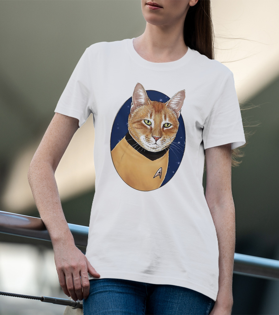 Star Trek Cat In Captain Uniform With Emblem On Starry Background T-Shirt