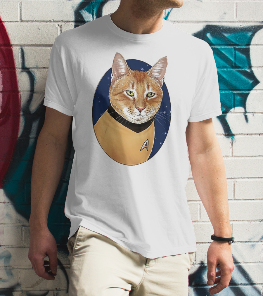 Star Trek Cat In Captain Uniform With Emblem On Starry Background T-Shirt