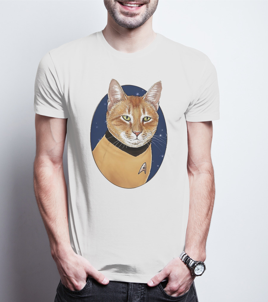Star Trek Cat In Captain Uniform With Emblem On Starry Background T-Shirt
