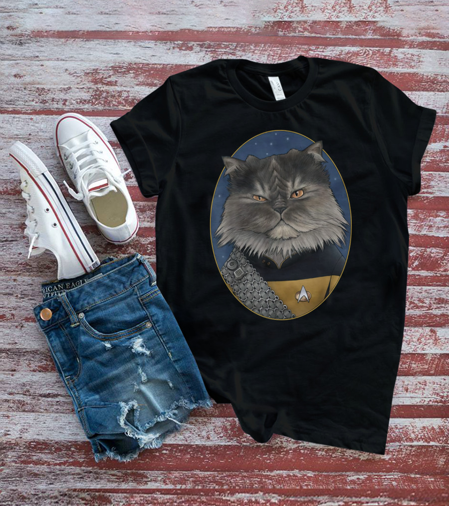 Star Trek Worf Cat In Starfleet Uniform With Klingon Sash And Emblem T-Shirt