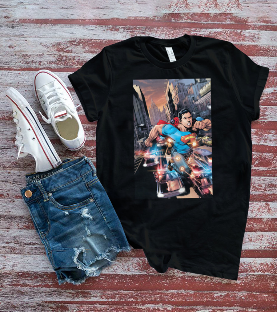DC Comics Superman Flying Through Urban City With Police Cars T-Shirt