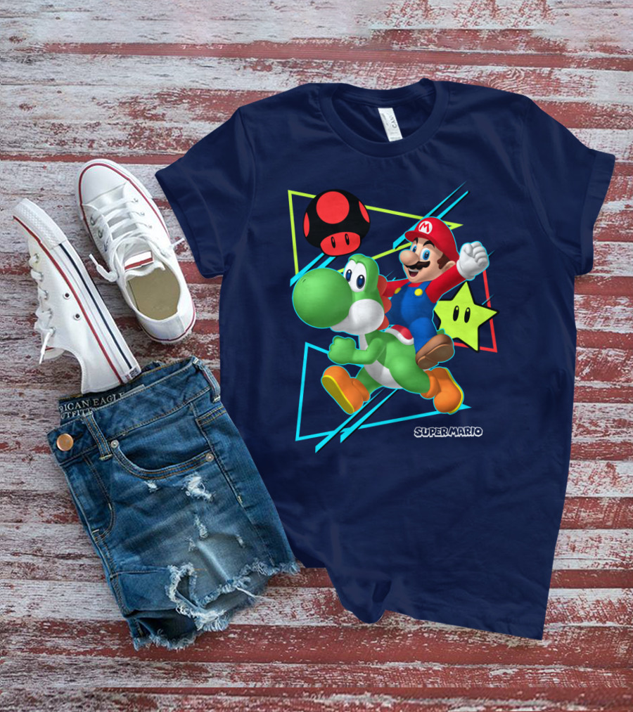 Super Mario Yoshi Adventure With Red Mushroom And Star T-Shirt