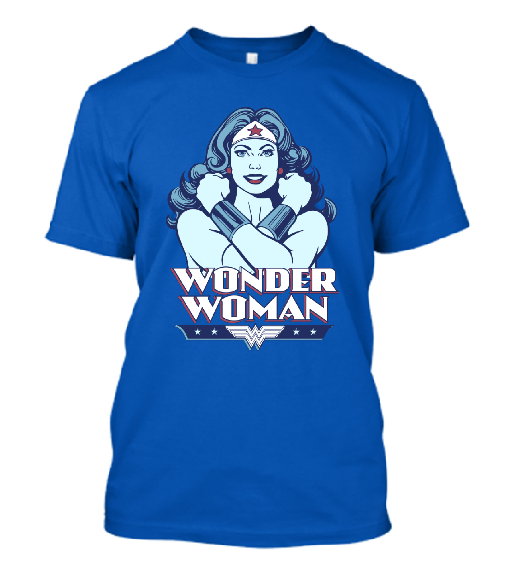 WONDER WOMAN Retro Blue Crossover Illustration With Star Headband And Arm Bracelets T-Shirt