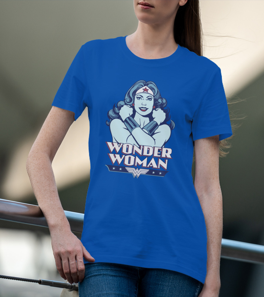 WONDER WOMAN Retro Blue Crossover Illustration With Star Headband And Arm Bracelets T-Shirt