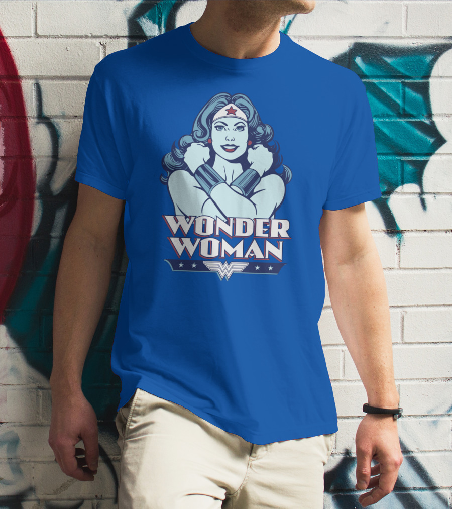 WONDER WOMAN Retro Blue Crossover Illustration With Star Headband And Arm Bracelets T-Shirt