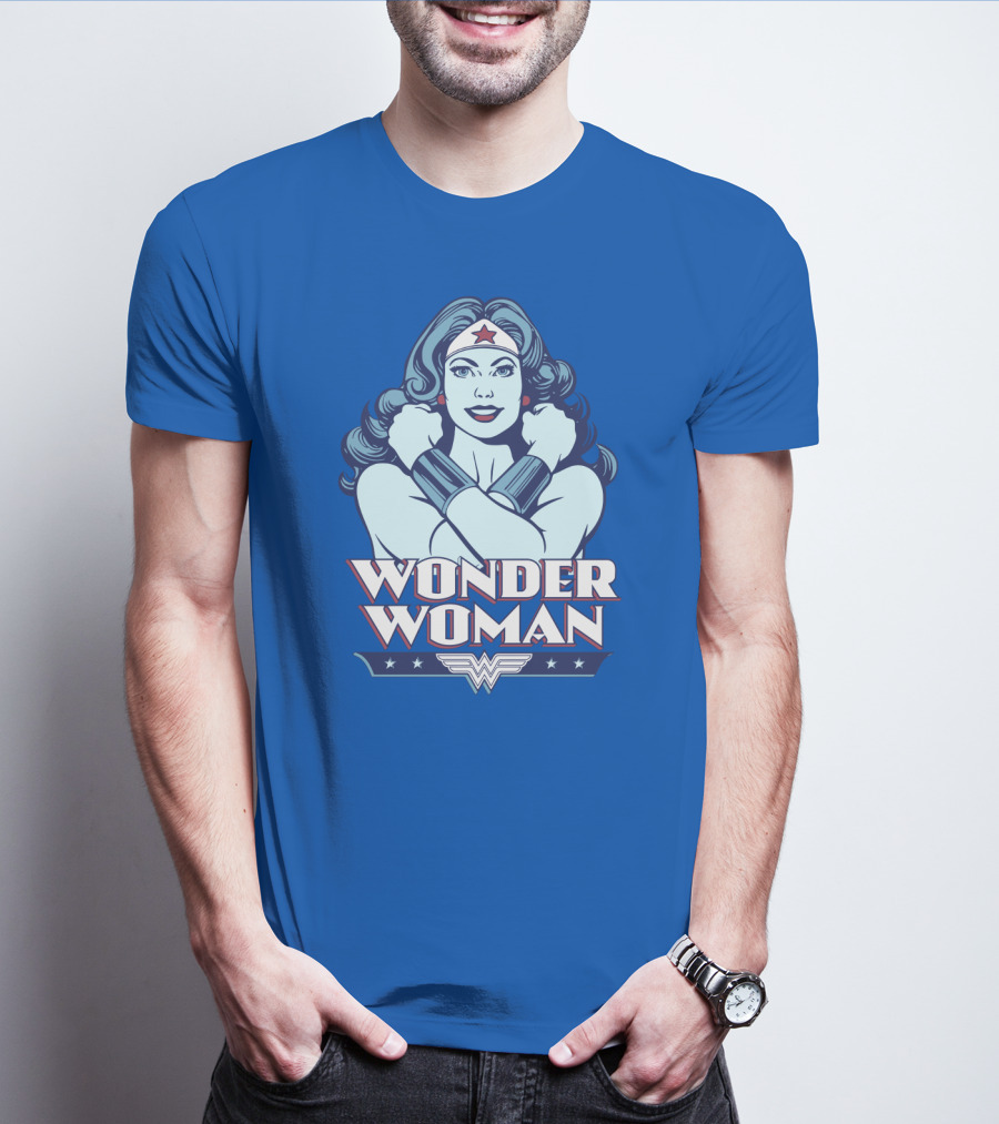 WONDER WOMAN Retro Blue Crossover Illustration With Star Headband And Arm Bracelets T-Shirt