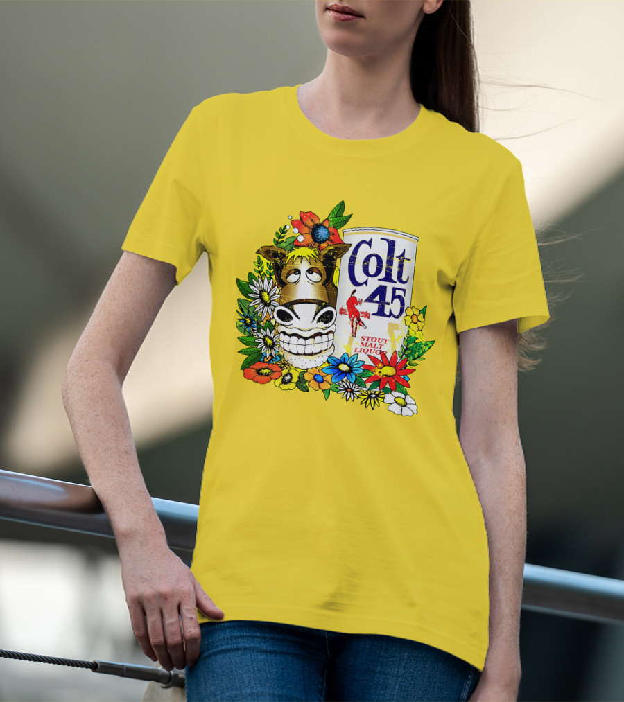 Colt 45 Malt Liquor With Cartoon Horse And Colorful Floral Background T-Shirt