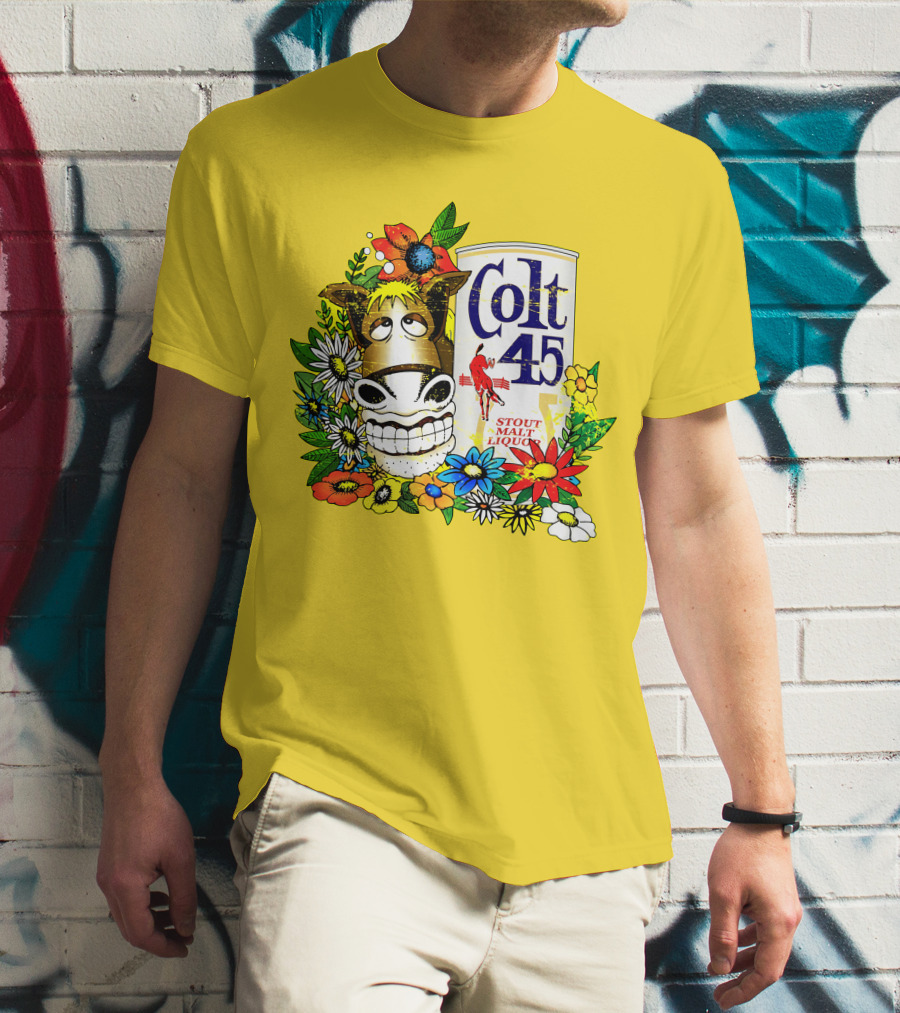 Colt 45 Malt Liquor With Cartoon Horse And Colorful Floral Background T-Shirt