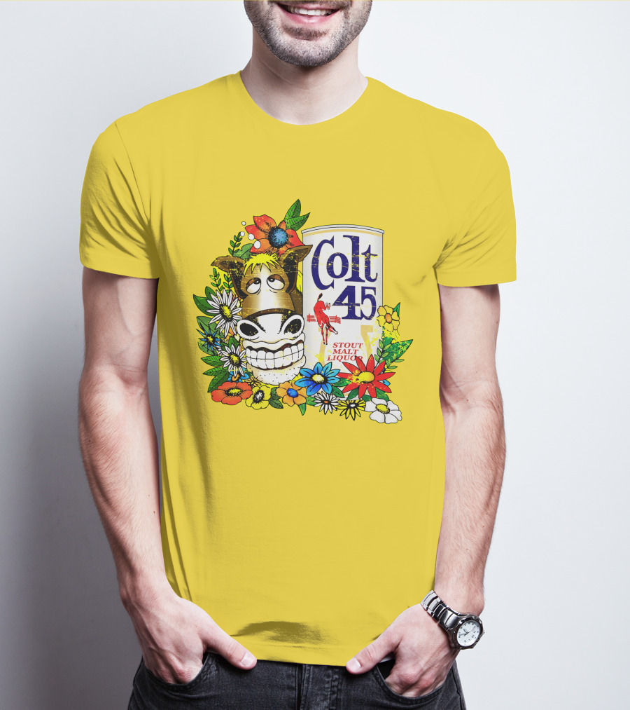Colt 45 Malt Liquor With Cartoon Horse And Colorful Floral Background T-Shirt